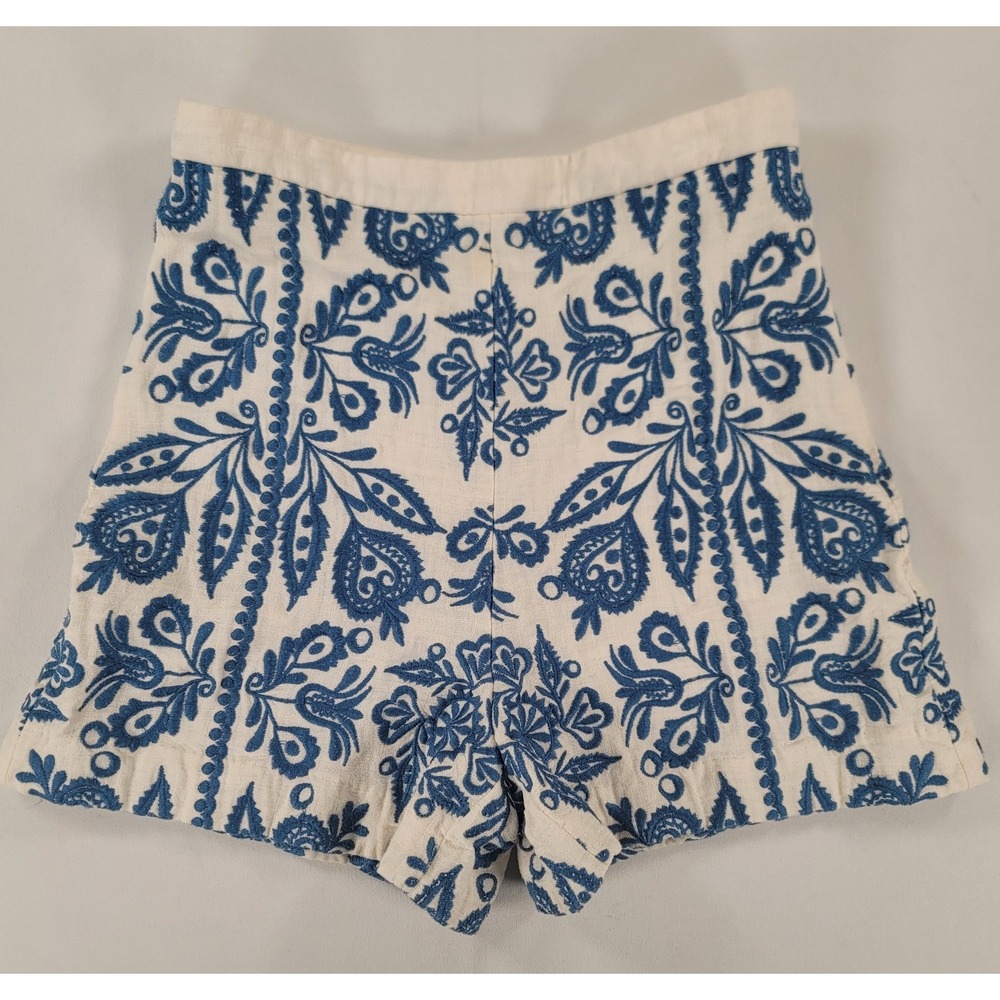 Zara Blue White Embroidered Shorts Boho Coastal Resort Side Zip Medium